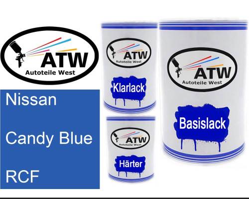 Nissan, Candy Blue, RCF: 500ml Lackdose + 500ml Klarlack + 250ml Härter - Set, von ATW Autoteile West.